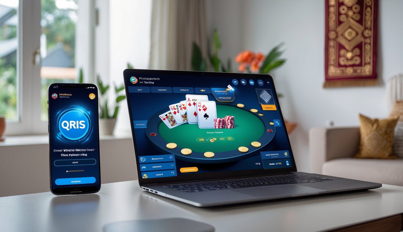Seorang pemain menggunakan laptop dan ponsel untuk bermain poker online dengan transaksi pembayaran QRIS yang aman di ruang tamu yang nyaman.