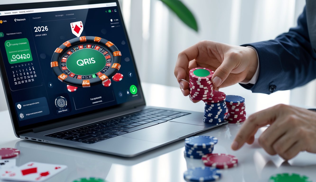 Seorang pengguna melakukan deposit poker online menggunakan metode pembayaran QRIS di ponsel dengan tampilan permainan poker dan chip di layar laptop.