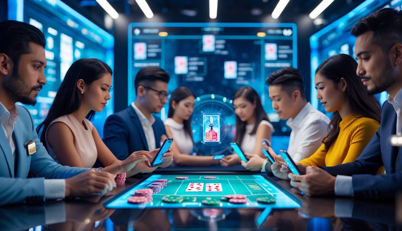 Beberapa orang sedang bermain poker online menggunakan perangkat digital dengan kode QRIS untuk pembayaran di suasana modern dan terang.