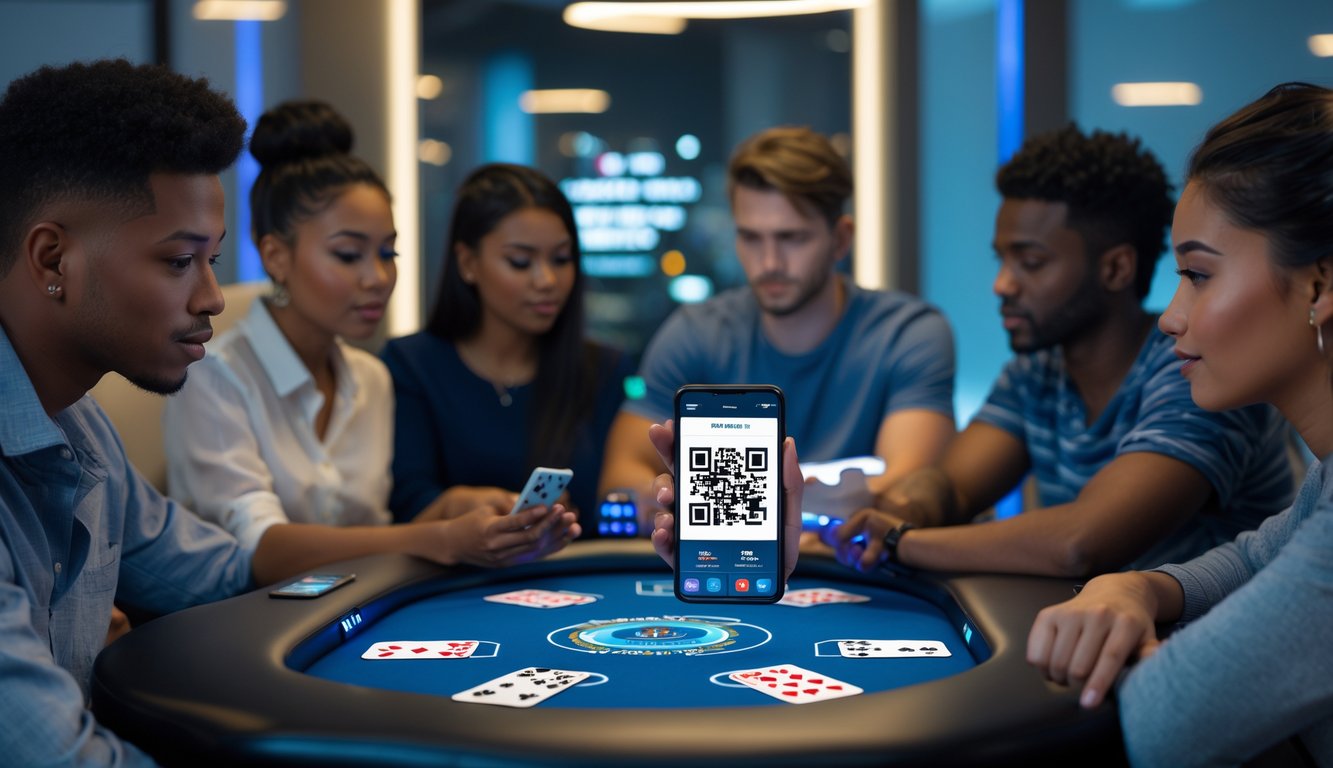 Sekelompok orang muda bermain poker online dengan ponsel yang menampilkan pemindai kode QR di meja poker modern.
