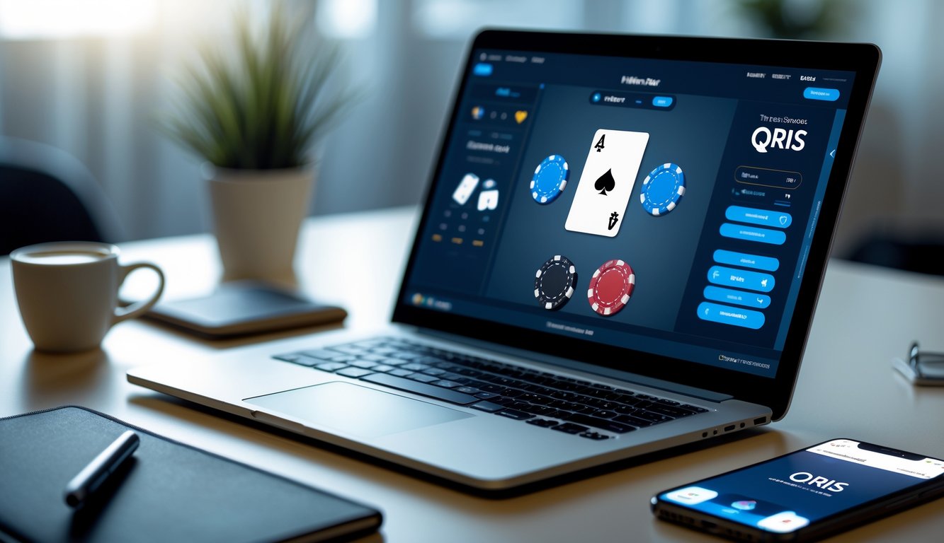 Sebuah meja kerja dengan laptop yang menampilkan permainan poker online dan ponsel yang menunjukkan antarmuka pembayaran QRIS, dengan latar belakang yang samar dan suasana yang tenang.