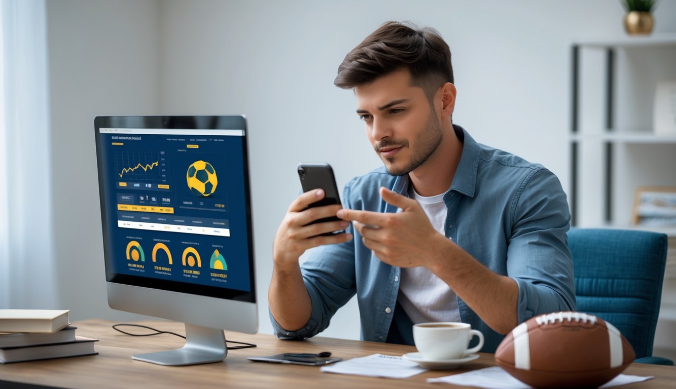 Seorang pria muda duduk di meja dengan laptop dan ponsel, fokus pada layar yang menampilkan situs taruhan bola online, di meja terdapat catatan, kopi, dan bola sepak.