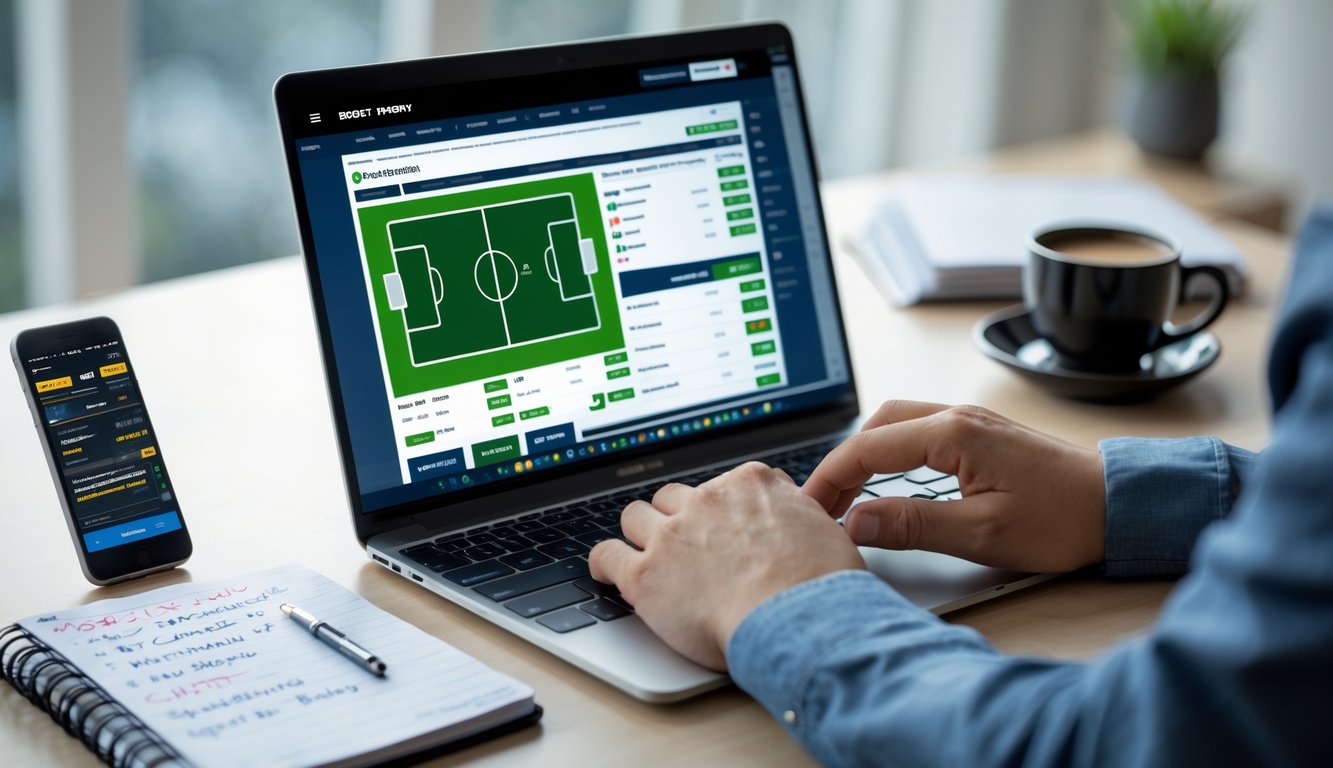 Seseorang menggunakan laptop dengan tampilan situs taruhan bola online, dikelilingi oleh ponsel, catatan, dan secangkir kopi di meja kerja.