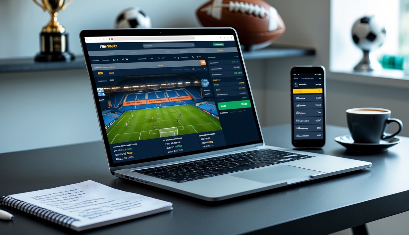 Meja kerja modern dengan laptop menampilkan situs taruhan sepak bola, ponsel dengan skor langsung, buku catatan, dan cangkir kopi di ruangan dengan dekorasi memorabilia olahraga.