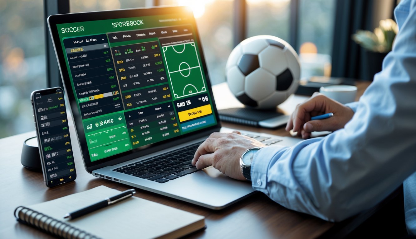 Seseorang sedang menggunakan laptop dan ponsel untuk melihat data taruhan sepak bola online di meja kerja.