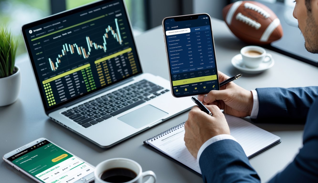 Seseorang sedang menganalisis statistik pertandingan sepak bola di depan laptop dan ponsel di meja kerja.