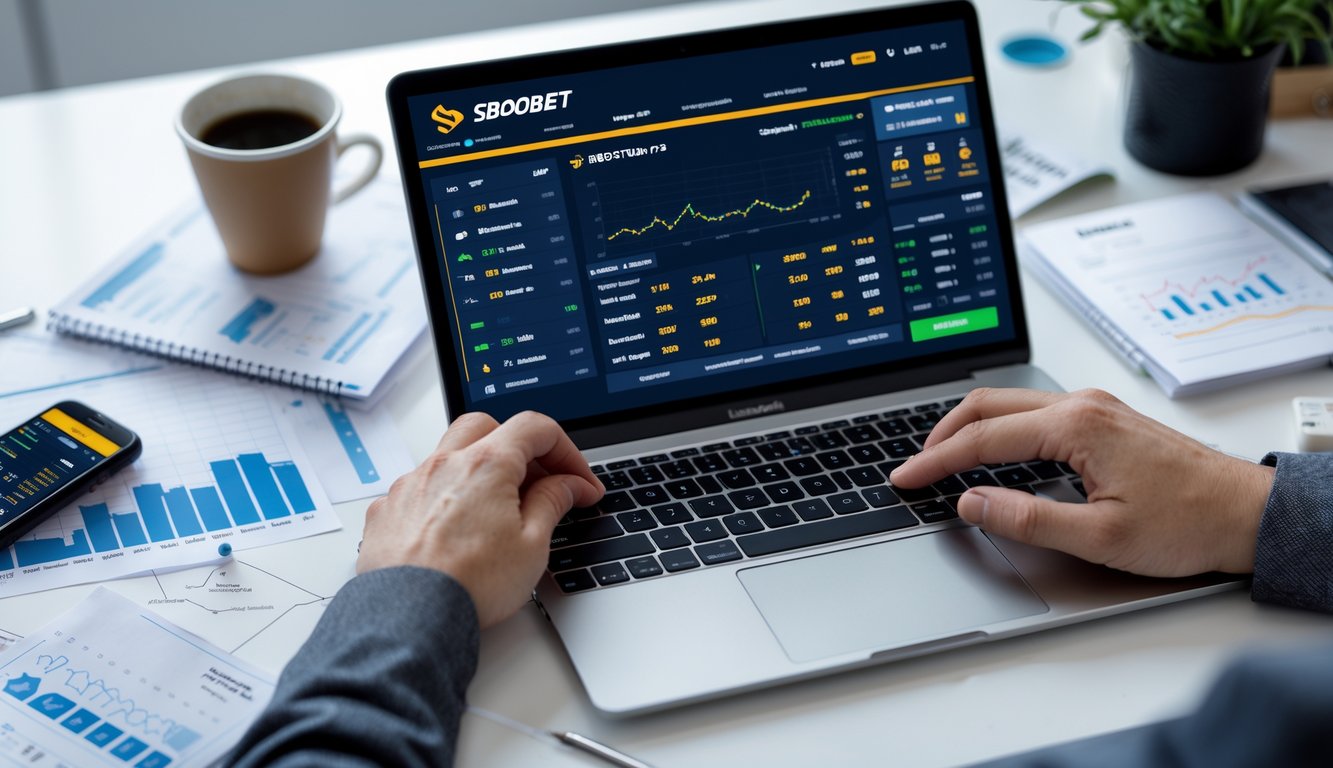 Seorang profesional menggunakan laptop dan smartphone dengan tampilan statistik dan peluang taruhan sepak bola online di meja kerja.
