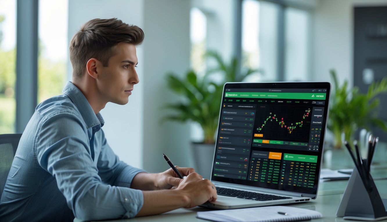 Seorang pria muda duduk di meja dengan laptop, menganalisis data taruhan bola online di lingkungan kantor yang terang dan rapi.