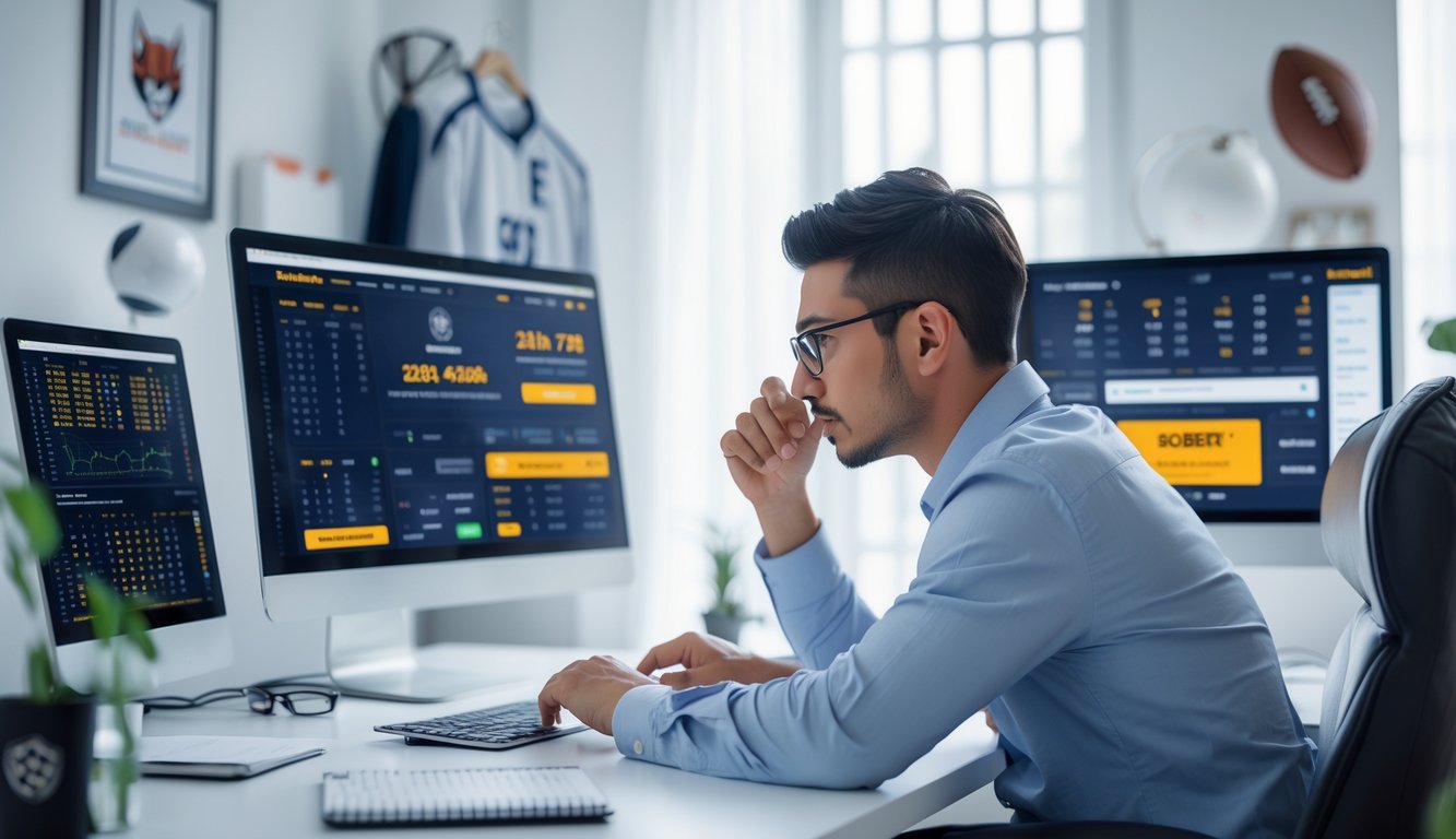 Seorang pria muda duduk di meja dengan beberapa layar komputer yang menampilkan data taruhan bola online, terlihat fokus menganalisis informasi untuk memilih pasaran taruhan yang tepat.