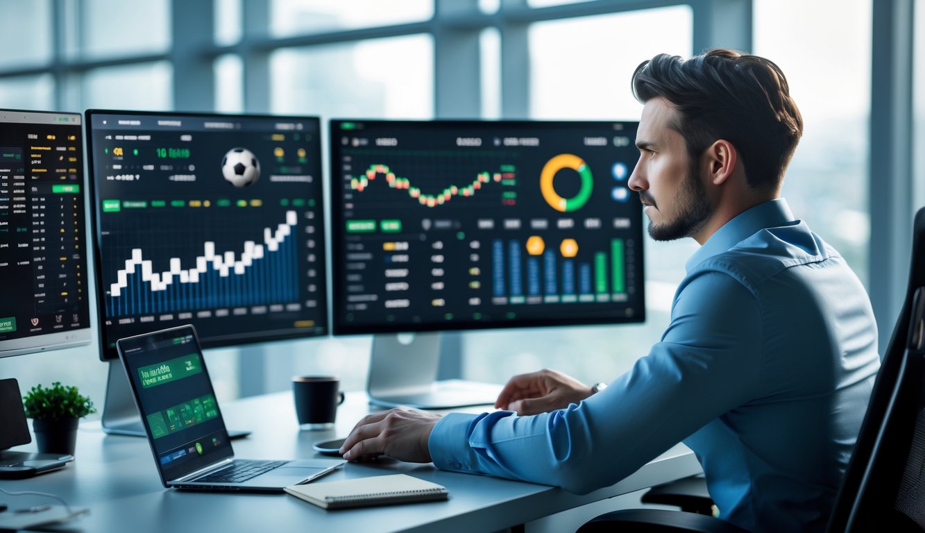 Seorang trader profesional sedang fokus bekerja di depan beberapa layar komputer yang menampilkan data taruhan bola online di sebuah kantor modern.