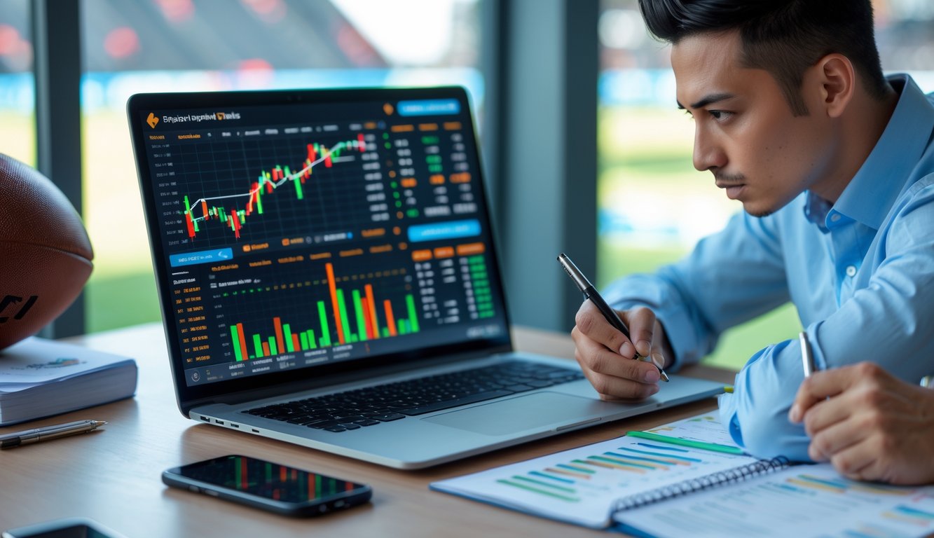 Seorang pria fokus bekerja di depan laptop dengan grafik taruhan sepak bola dan statistik pertandingan, di meja terdapat catatan dan ponsel dengan peluang taruhan, latar belakang menunjukkan elemen sepak bola.