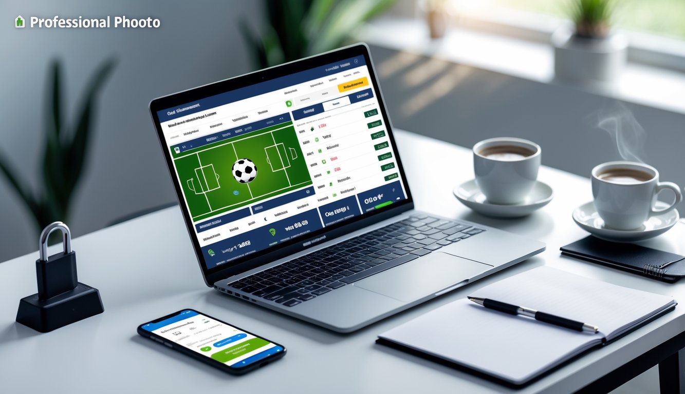 Seorang pria menggunakan laptop di meja kerja dengan tampilan situs taruhan sepak bola online dan smartphone di sampingnya.