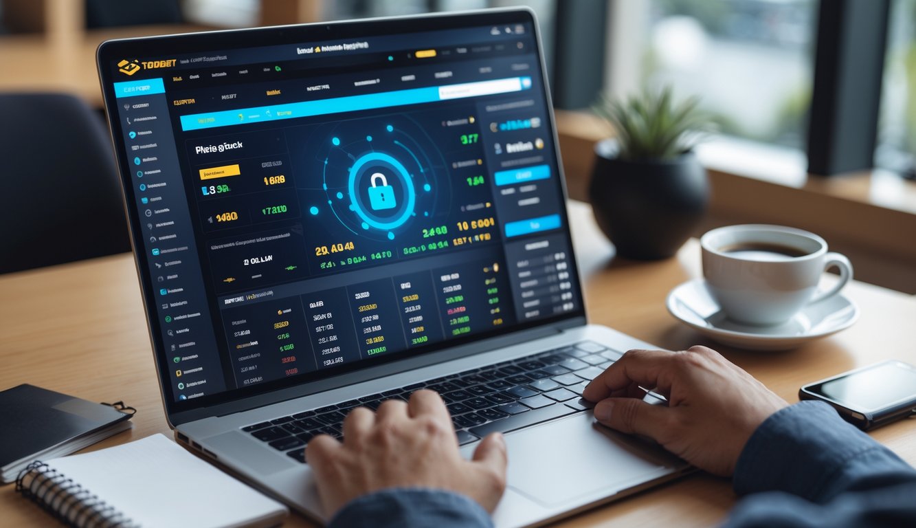 Seorang profesional menggunakan laptop dengan tampilan antarmuka taruhan sepak bola online yang modern dan terpercaya, di meja kerja dengan suasana terang dan rapi.