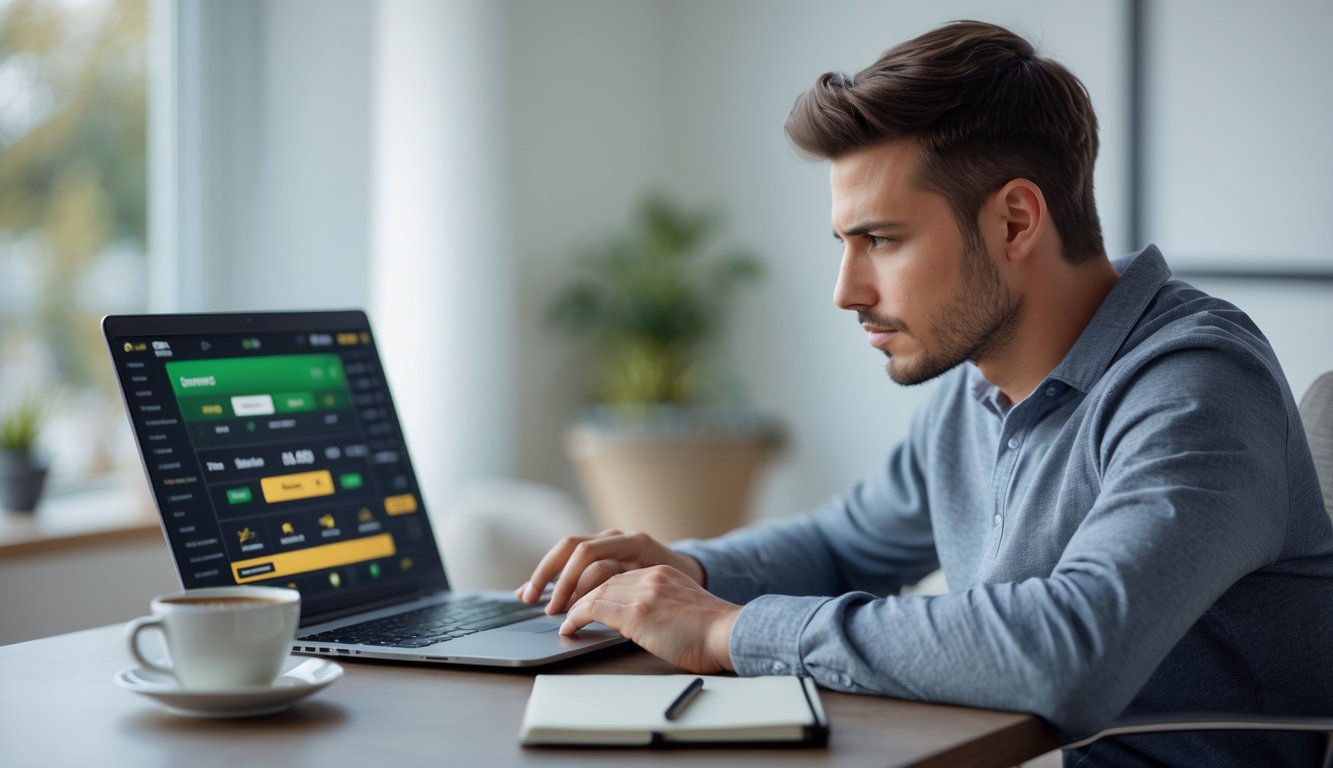 Seorang pria muda duduk di meja dengan laptop, fokus bermain permainan taruhan bola online di ruangan yang terang dan nyaman.