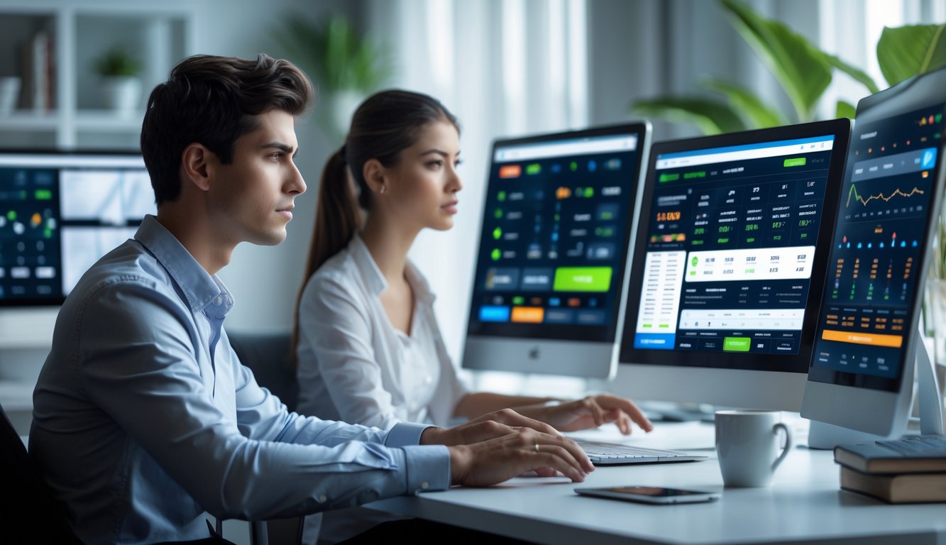 Dua orang duduk di meja dengan beberapa layar komputer yang menampilkan antarmuka taruhan online dan statistik olahraga.