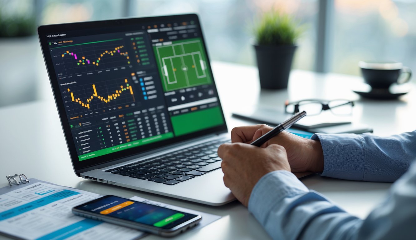 Seseorang sedang menganalisis pertandingan bola secara online dengan laptop, ponsel, dan catatan di meja kerja.