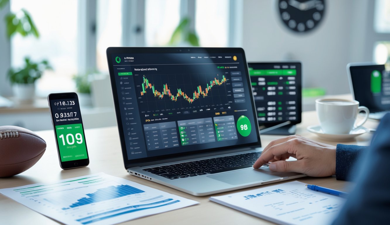 Seorang profesional sedang menganalisis data pertandingan sepak bola di laptop dengan laporan cetak dan ponsel di meja kerja.