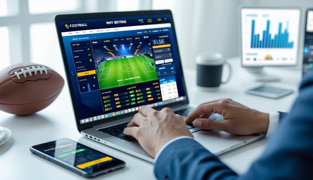 Seseorang menggunakan laptop di meja kerja dengan tampilan situs taruhan olahraga online dan bola sepak di sampingnya.