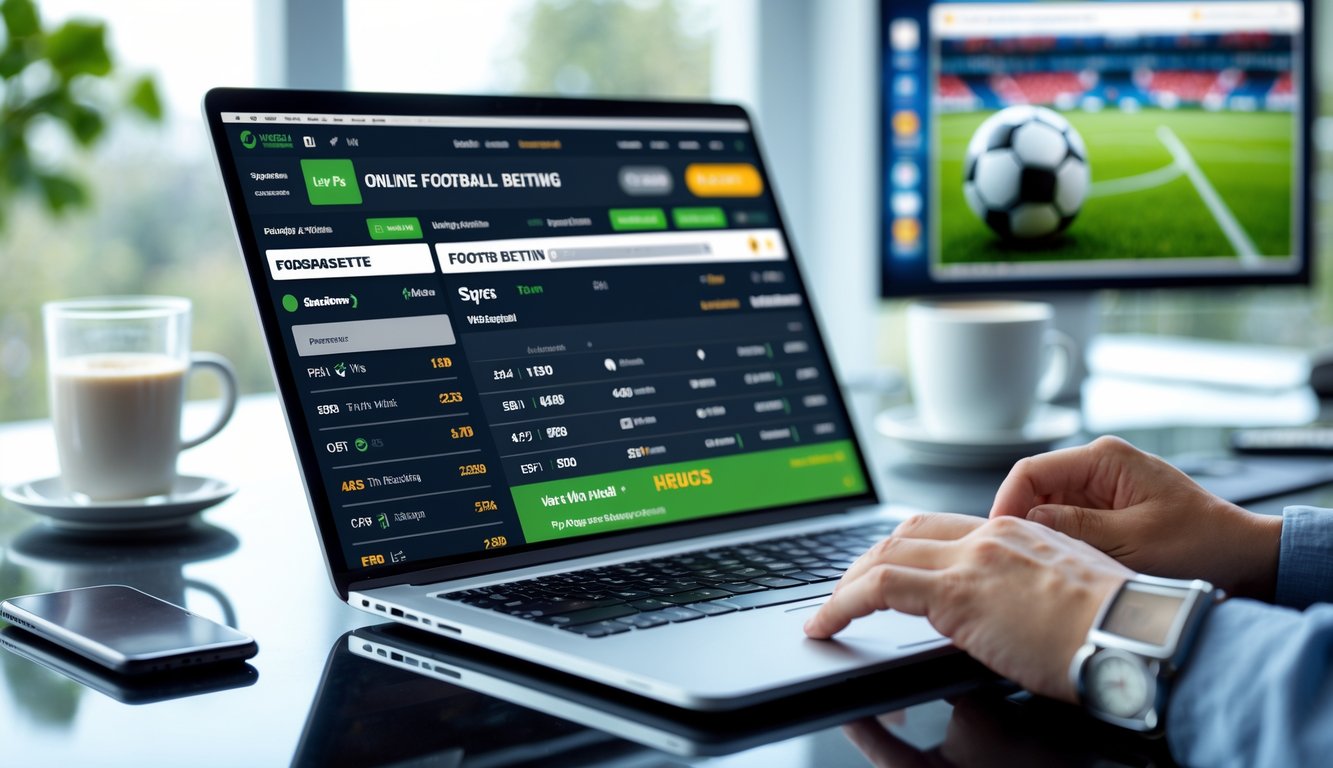 Seorang pria menggunakan laptop di meja kerja dengan layar menampilkan situs taruhan olahraga, di latar belakang terdapat bola sepak dan layar stadion.