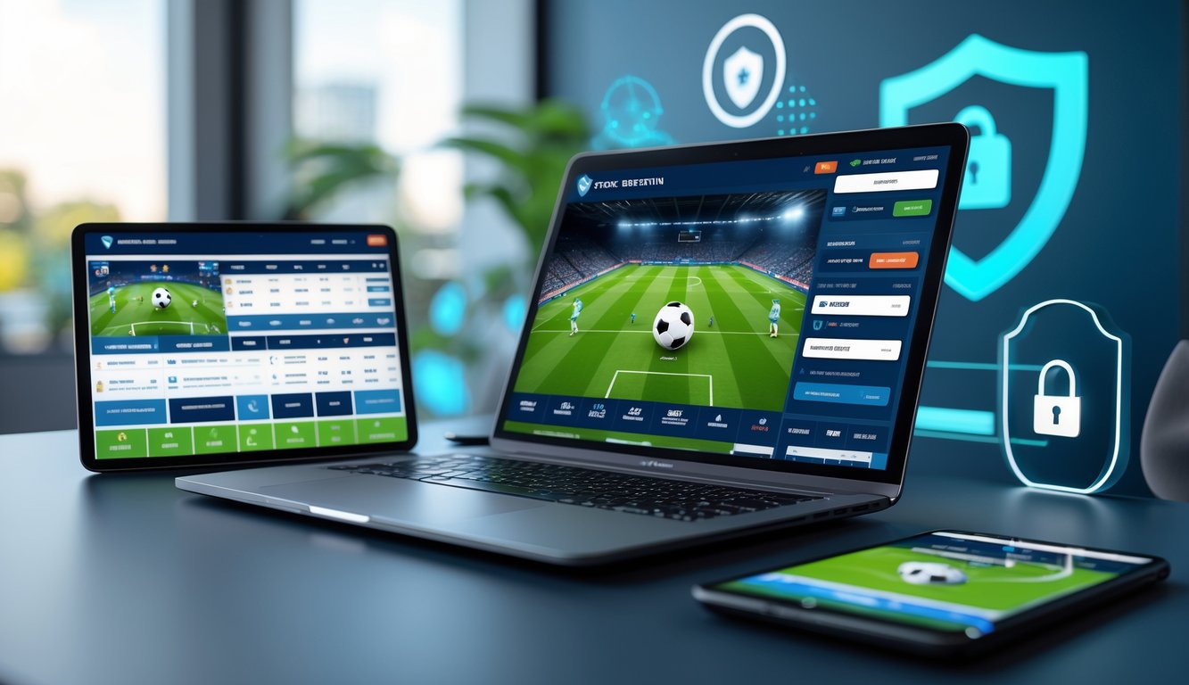Meja kerja dengan laptop, ponsel, dan tablet yang menampilkan aplikasi taruhan bola online dengan simbol keamanan di latar belakang.