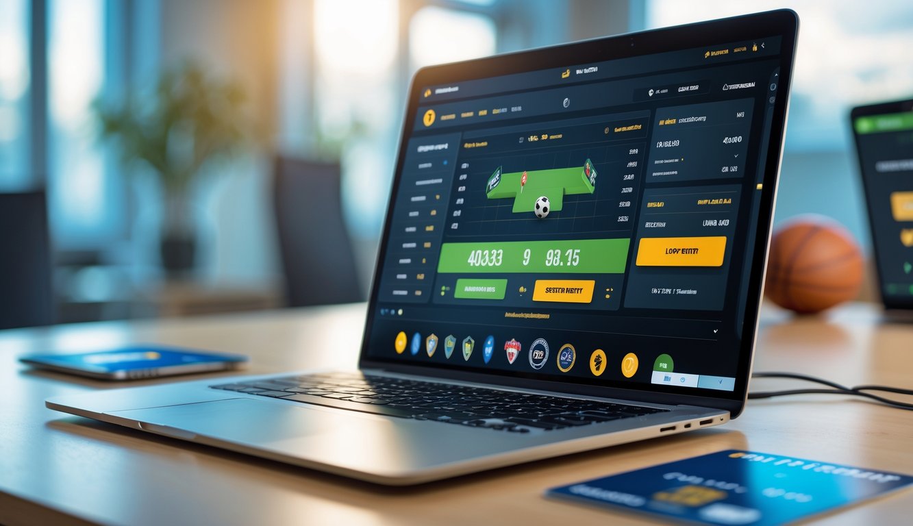 Seorang pria menggunakan laptop di meja kerja dengan tampilan situs taruhan olahraga online yang aman dan terpercaya.