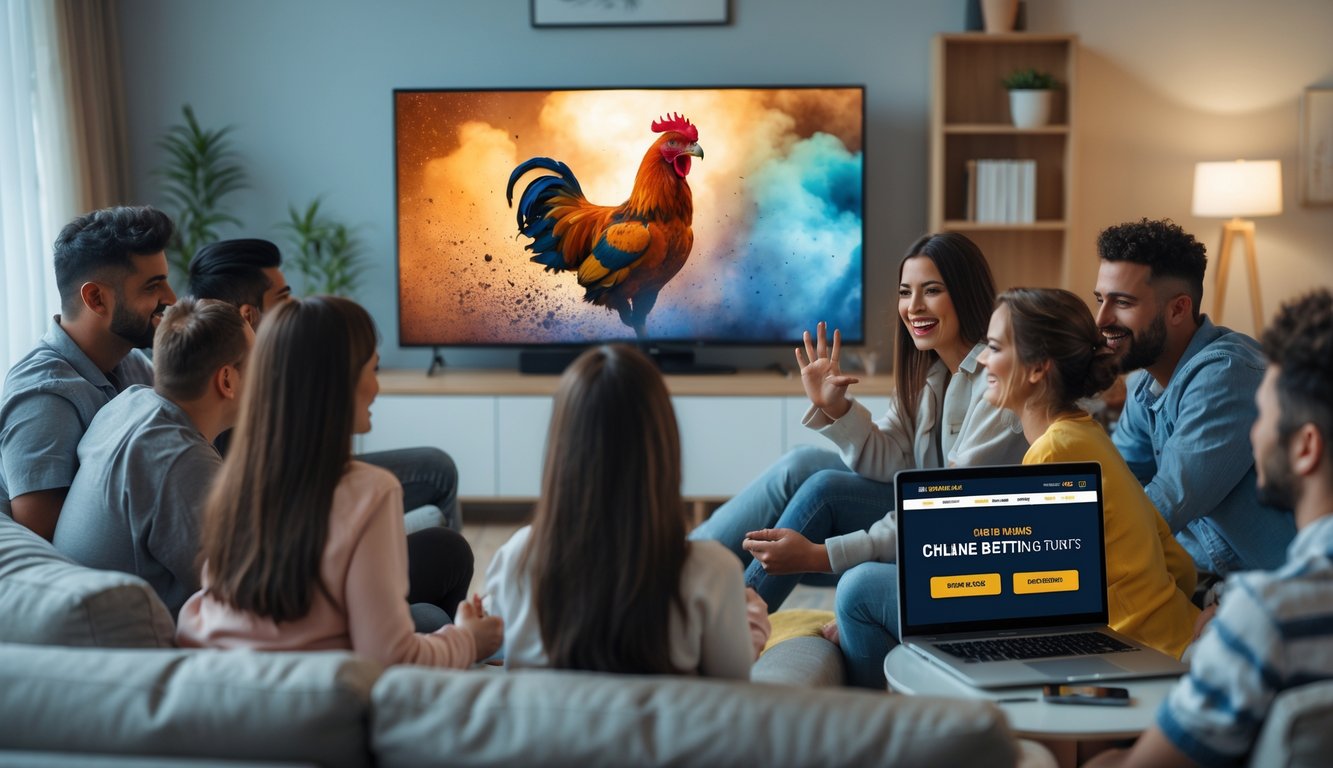 Sekelompok orang muda menonton pertandingan sabung ayam di ruang tamu yang nyaman dengan peralatan elektronik di sekitar mereka.