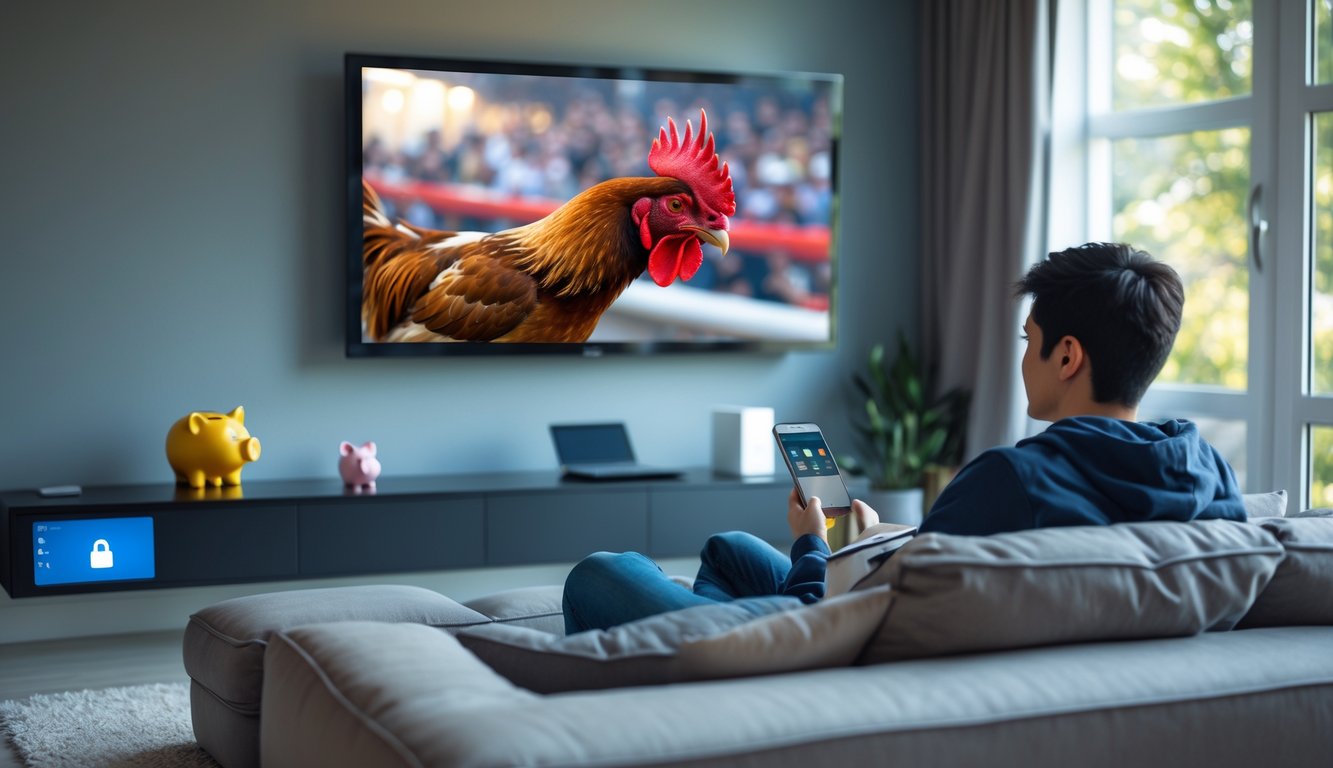 Seseorang duduk di ruang tamu menonton video streaming di televisi besar, dengan laptop dan ponsel di dekatnya.