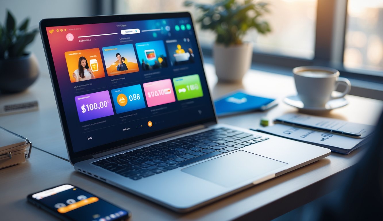 Seorang pria sedang duduk di depan laptop dengan layar menampilkan antarmuka streaming video, di sampingnya ada ponsel yang menunjukkan aplikasi dompet digital dengan jumlah deposit terjangkau.