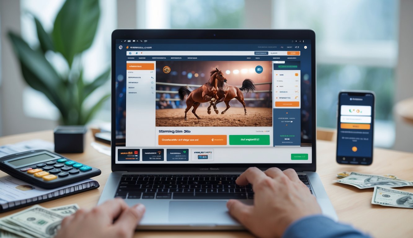 Seseorang menggunakan laptop untuk menonton pertandingan sabung ayam secara online di meja kerja dengan kalkulator dan ponsel di sampingnya.