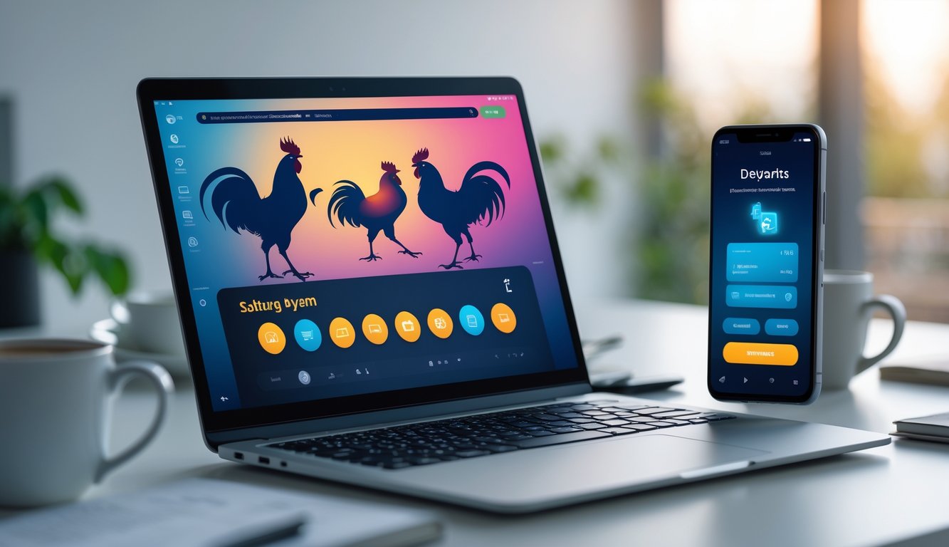 Seorang pengguna duduk di depan laptop dan smartphone yang menampilkan layar streaming dan transaksi deposit digital dengan latar belakang meja kerja yang rapi.