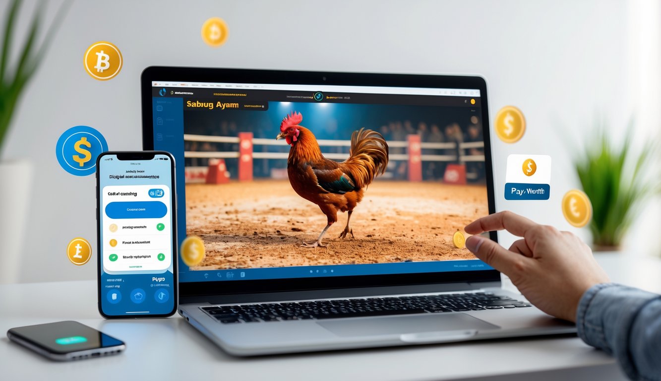 Seorang pengguna sedang menonton siaran langsung sabung ayam di layar komputer dengan perangkat digital di sekitarnya yang menunjukkan transaksi deposit online.