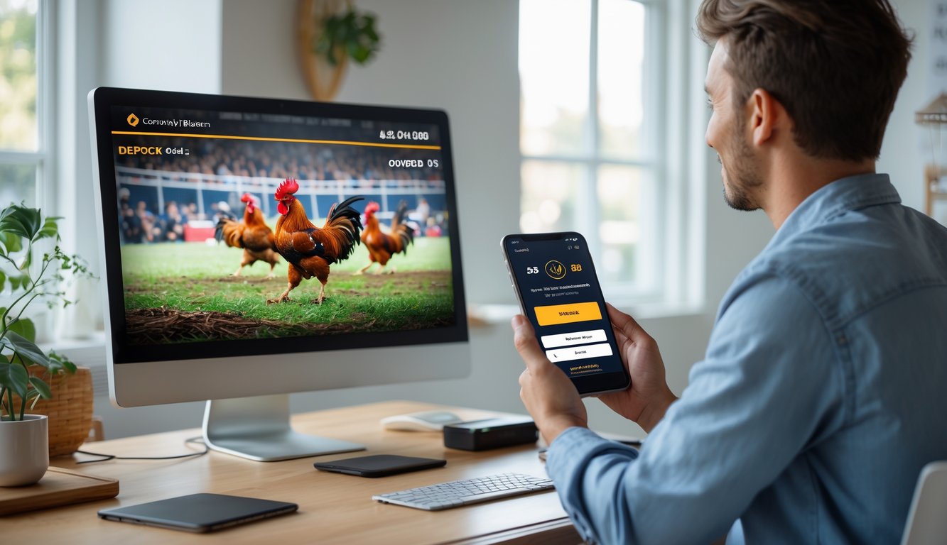 Seseorang menonton pertandingan sabung ayam secara langsung di komputer dengan ponsel di tangan untuk melakukan deposit murah.