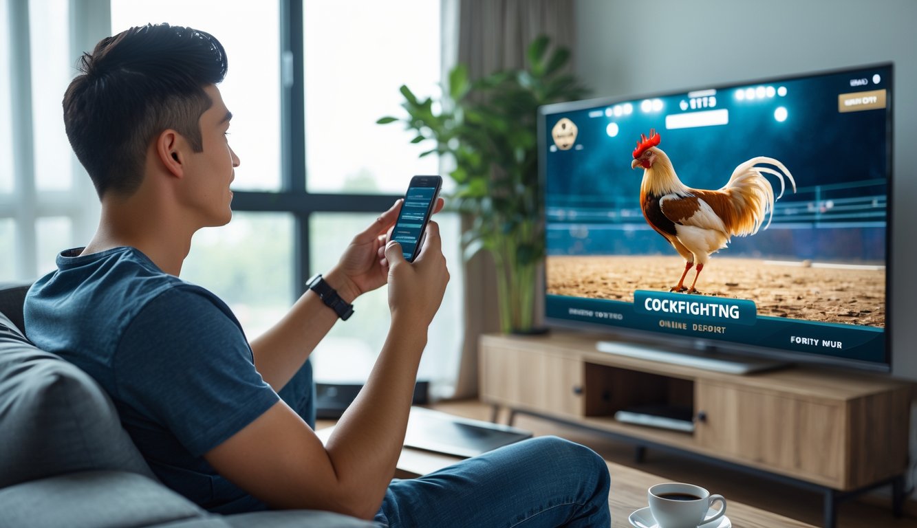 Seorang pria muda menonton siaran langsung sabung ayam di televisi besar di ruang tamu yang nyaman sambil memegang ponsel.