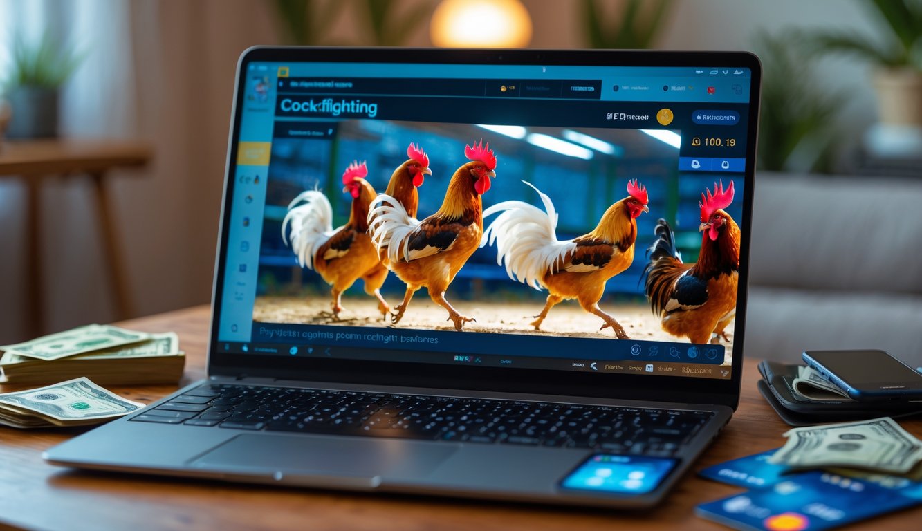 Seorang pengguna menonton siaran langsung pertandingan sabung ayam di laptop dengan ponsel dan kartu pembayaran di meja.