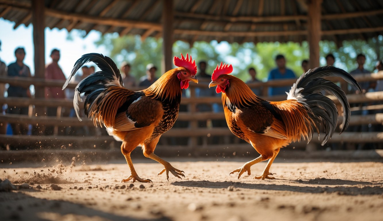 Dua ayam jantan sedang bertarung di arena kayu dengan penonton di latar belakang.