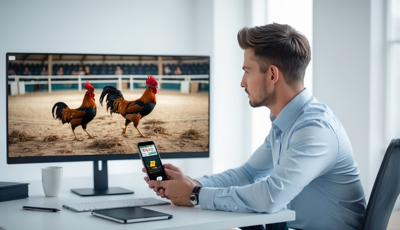 Seorang pria muda duduk di meja sambil menonton pertandingan sabung ayam di layar komputer dan menggunakan ponsel untuk melakukan deposit.