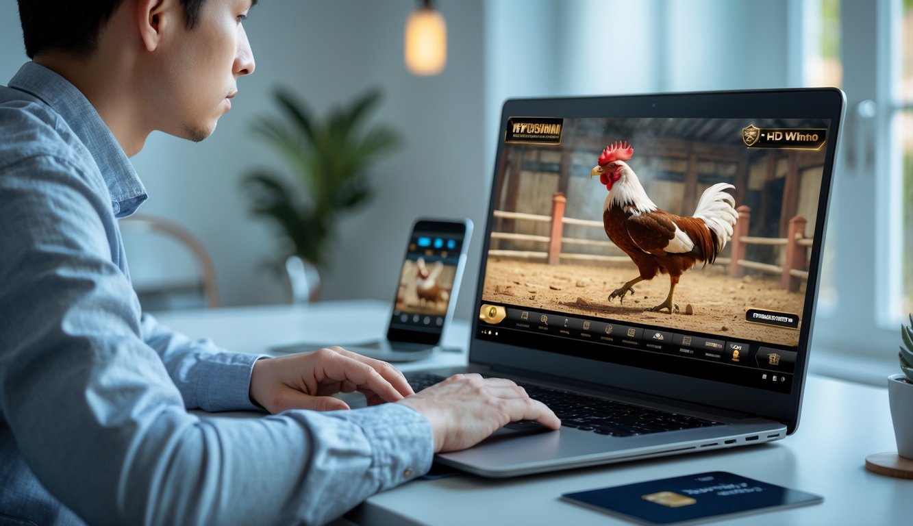 Seorang pria muda duduk di meja dengan laptop menonton streaming sabung ayam, di meja juga ada ponsel dan kartu kredit.