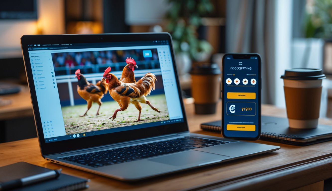 Seorang pria menggunakan laptop dan smartphone untuk menonton siaran sabung ayam online dan melakukan deposit dengan mudah di sebuah ruangan yang nyaman.