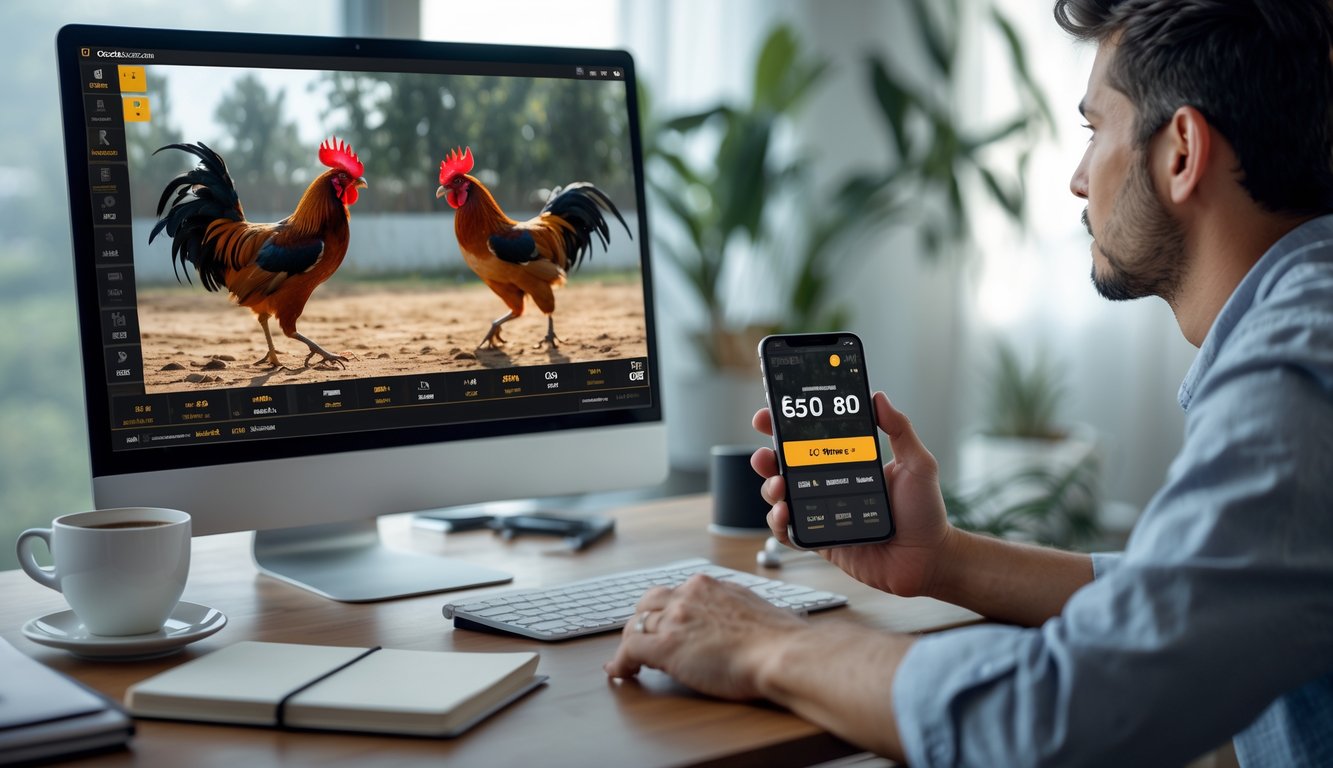 Seorang pria muda menonton siaran langsung sabung ayam di komputer dengan ponsel di meja yang menampilkan aplikasi taruhan.