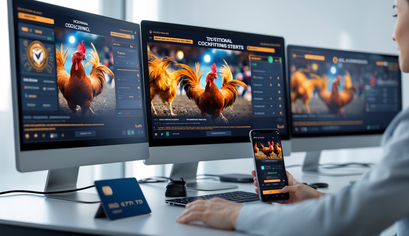 Seseorang menggunakan komputer dengan beberapa layar yang menampilkan streaming langsung acara sabung ayam, di meja terdapat kartu kredit dan ponsel.