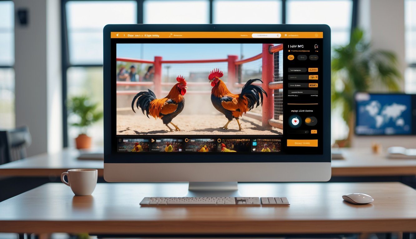 Layar komputer menampilkan platform streaming langsung pertandingan sabung ayam dengan suasana kantor modern dan peralatan kerja di sekitar.