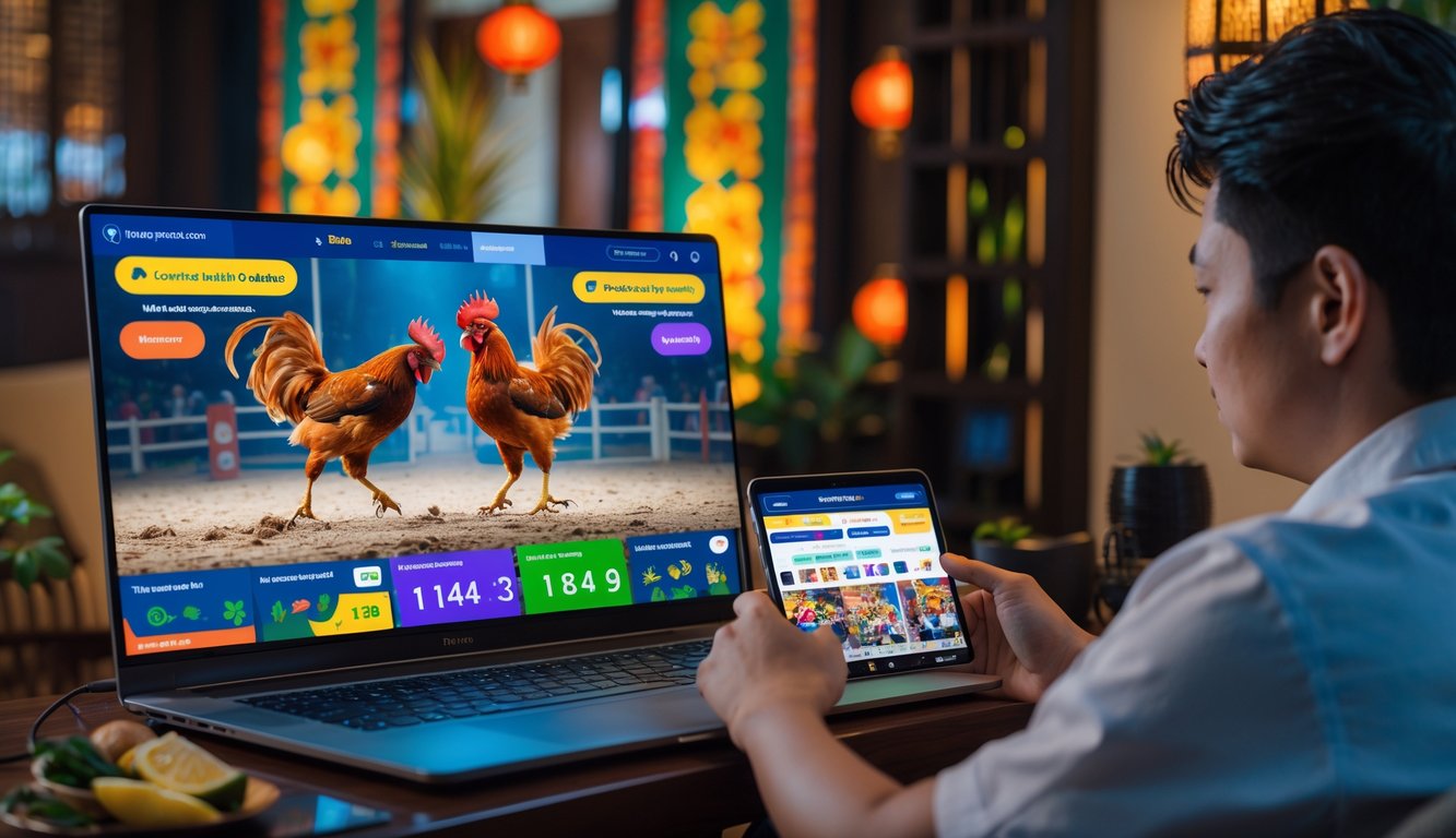 Seorang pria duduk di depan komputer menonton pertandingan sabung ayam secara langsung dengan layar menampilkan dua ayam bertarung, suasana ruangan terang dengan dekorasi khas Asia Tenggara.