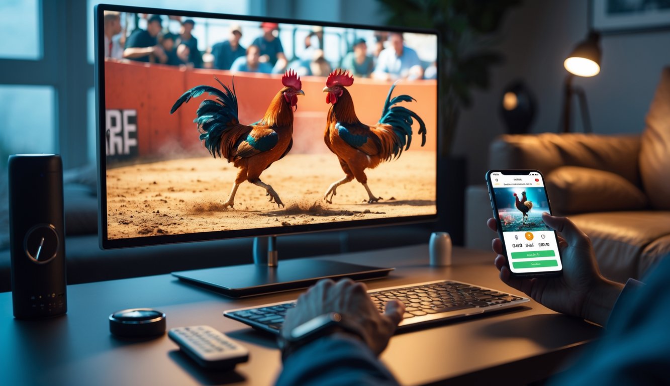 Sebuah ruang tamu dengan layar menampilkan pertandingan sabung ayam secara langsung, dengan dua ayam jago bertarung di arena tradisional.