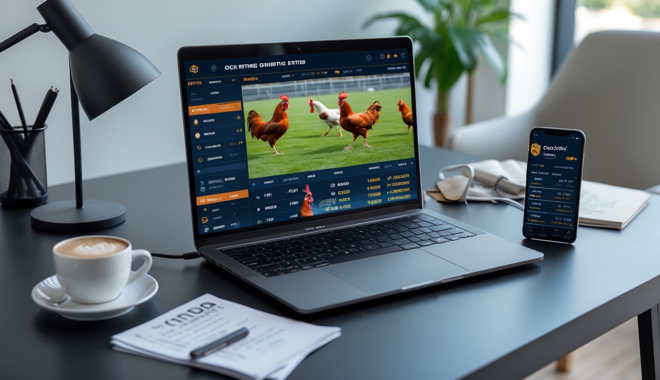 Seseorang sedang menggunakan laptop untuk menonton pertandingan sabung ayam secara online dengan catatan dan ponsel di meja.
