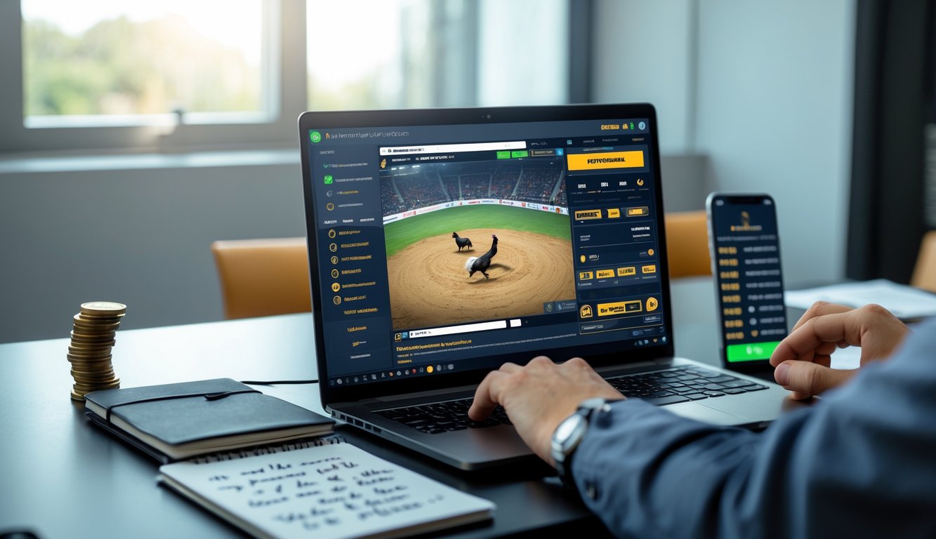 Seorang pemain sedang menggunakan laptop untuk menonton siaran langsung sabung ayam online dengan perangkat tambahan seperti ponsel dan catatan strategi di meja.