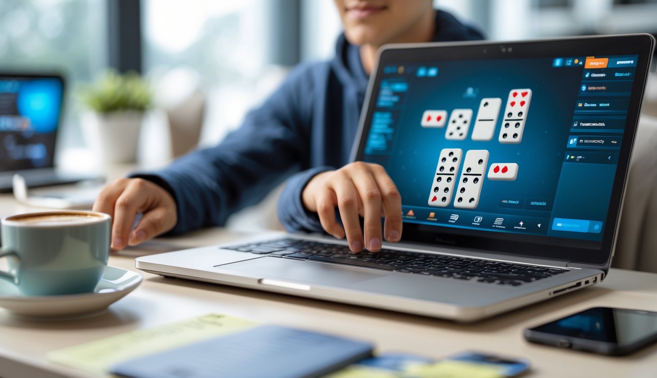Seorang dewasa muda duduk di depan laptop yang menampilkan permainan domino online, terlihat fokus dan santai di ruang kerja yang rapi.