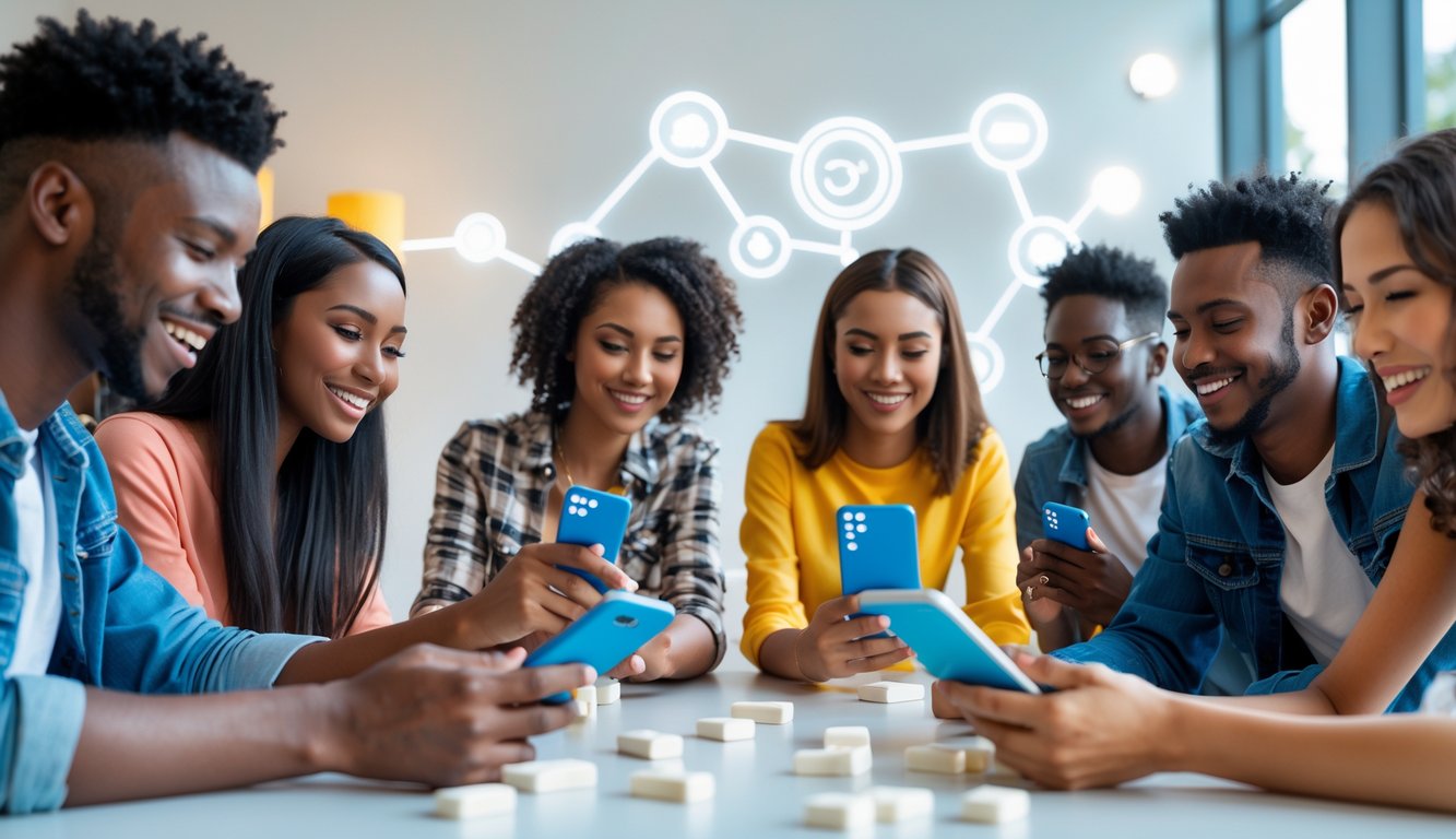 Sekelompok orang muda bermain permainan domino secara online menggunakan ponsel dan tablet dalam suasana santai dan ceria.