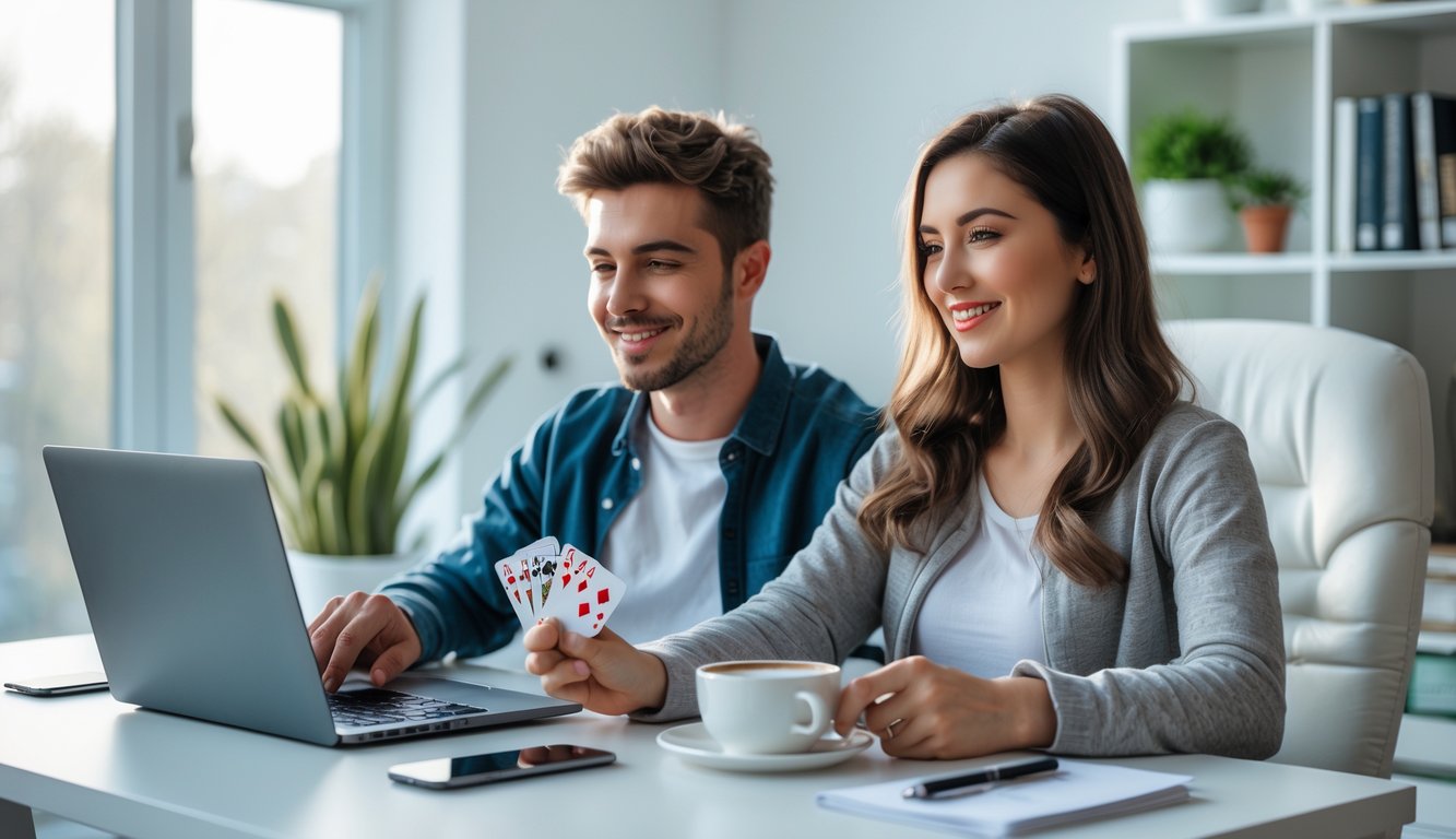 Seorang pria dan wanita muda duduk di meja rumah sambil bermain permainan kartu online di laptop dengan suasana yang santai dan fokus.