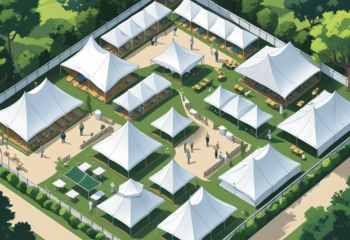 Overhead view of an outdoor event with multiple tents arranged creatively, showing pathways, seating areas, and people moving between tents.