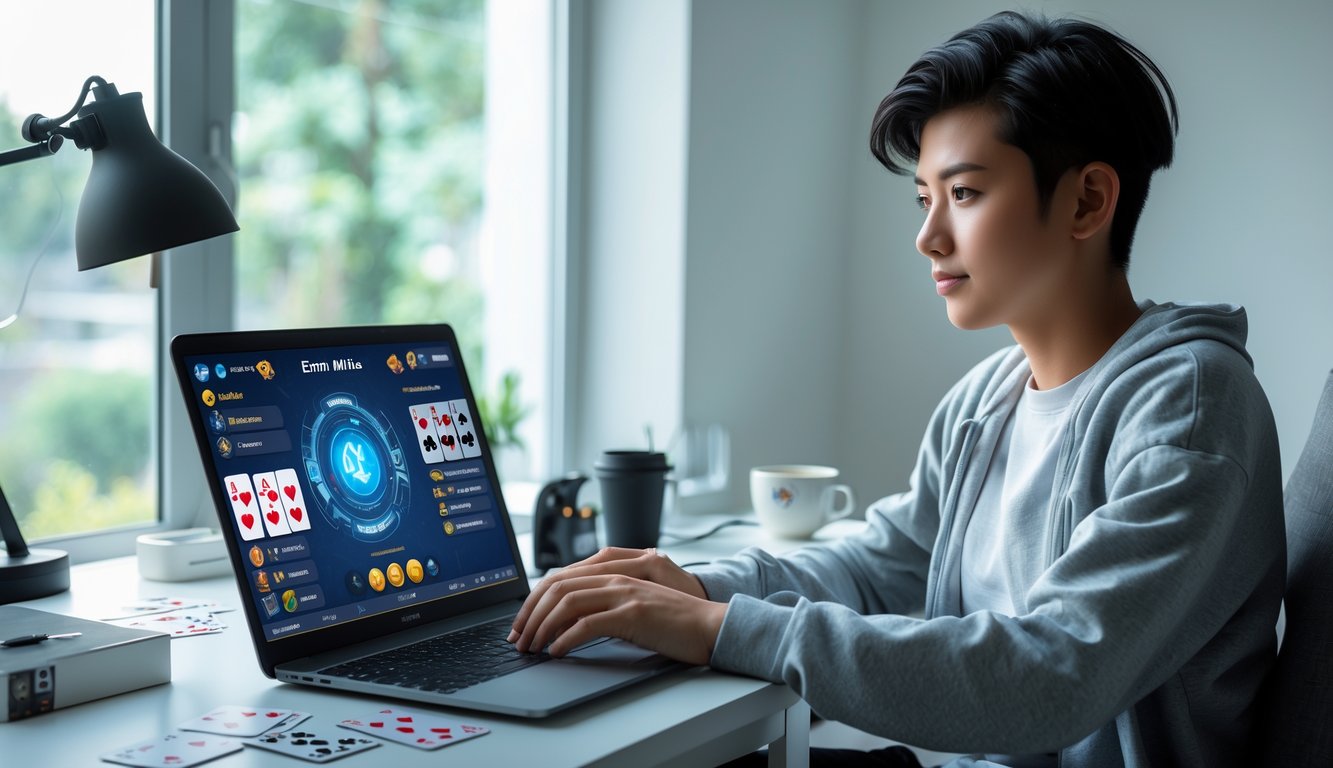 Seorang dewasa muda duduk di meja dengan laptop yang menampilkan permainan kartu digital, di ruang kerja rumah yang terang dan rapi.